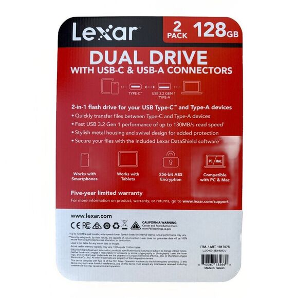 Lexar 128GB 2-in-1 Dual Flash Drive USB-C and USB-A, Mac-Android- PC– 2 PACK - Picture 2 of 2